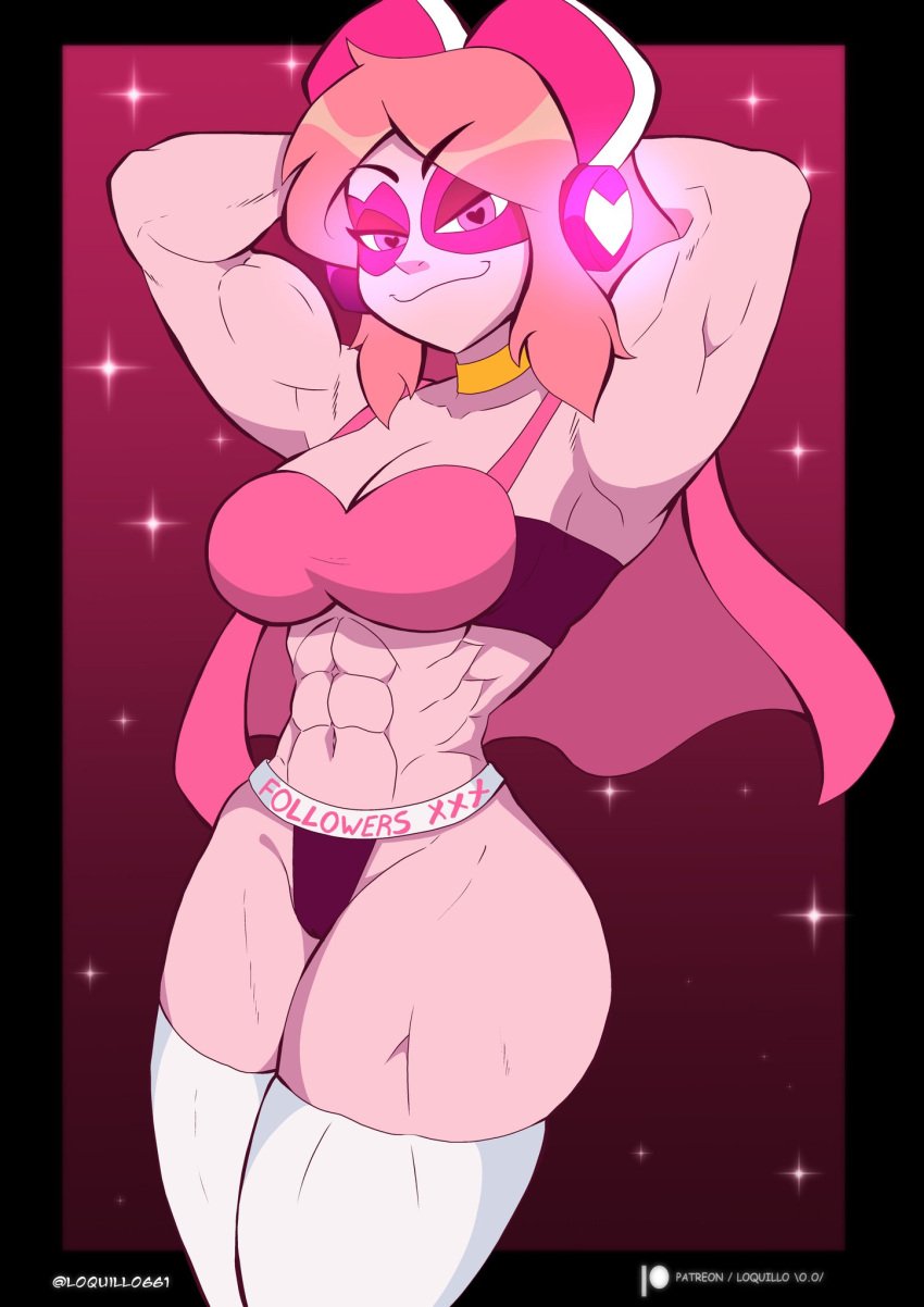 1girls abs bra branded_clothes cape cartoon_network female_focus female_only hands_behind_head headgear heart-shaped_pupils looking_at_viewer loquillo loquillo66 medium_breasts miss_heed_(villainous) muscular muscular_arms muscular_female muscular_legs muscular_thighs pink_body pink_eyes pink_hair pink_skin short_hair smiling_at_viewer villainous white_stockings