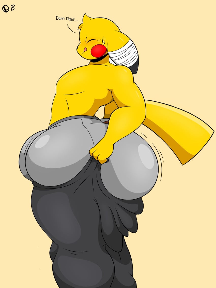 bandage bandaged_ear cute frustration game_freak jolt_(omegabrawl) jumpsuit large_butt nintendo omegabrawl pikachu pokemon pokemon_(species) struggling thick_thighs tongue_out wide_hips yellow_fur