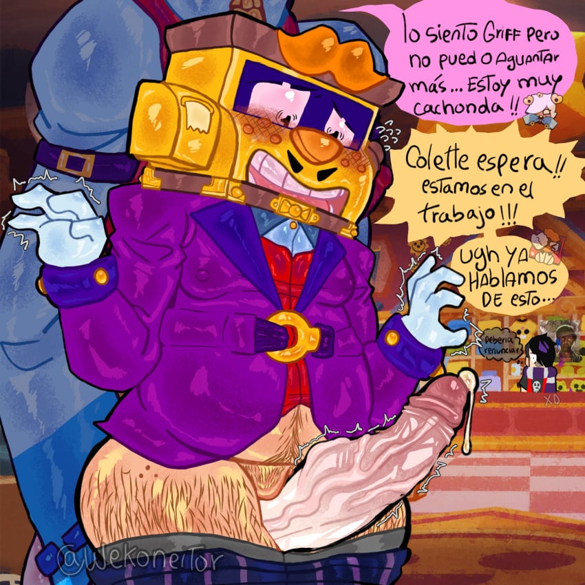 blush colette_(brawl_stars) disgusted_expression edgar_(brawl_stars) freckles_on_thighs funny futa_on_female futanari griff_(brawl_stars) hairy_male penis_between_thighs precum shiny spanish_dialogue spanish_text throbbing_penis trembling wekoneitor worried_expression