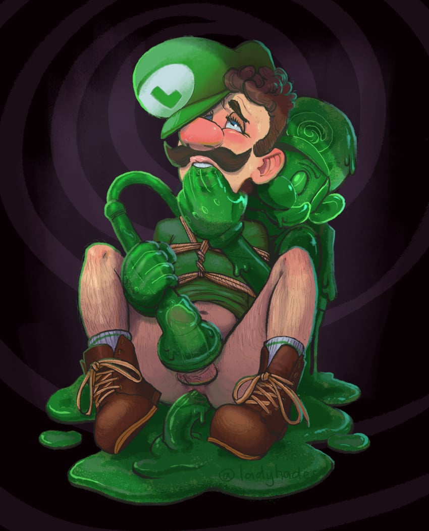 2boys anal anal_sex arms_tied_behind_back balls blue_eyes blush body_hair bottomless bottomless_male brown_hair clothing duo erection facial_hair gay gay_sex genitals goo_creature gooigi green_body green_hat green_shirt hand_in_mouth hat humanoid humanoid_on_humanoid ladyhades leg_hair light-skinned_male light_skin looking_at_another luigi luigi&#039;s_mansion male male/male mario_(series) moustache nintendo no_pants penis penis_in_anus rope rope_bondage sex shirt shoes slime teeth testicle