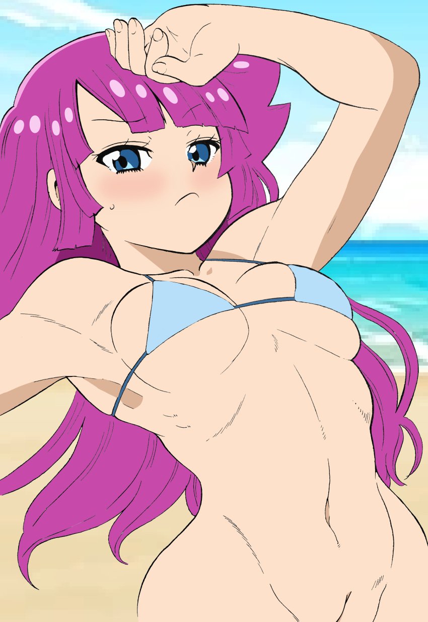 1girls abdomen absurd_res beach_background bikini blue_eyes blush breasts bryanjoel colored edit female fit fit_female kirishima_romin long_hair looking_at_viewer low-angle_view micro_bikini navel nervous purple_hair romin_kirishima sweatdrop toned toned_female vagina young younger_female yu-gi-oh! yu-gi-oh!_sevens