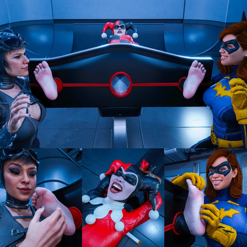 3d 3girls barbara_gordon barefoot batgirl batgirl_(gotham_knights) batman_(series) catsuit catwoman catwoman_(injustice) dais1984 dc dc_comics feet feet_focus female female_focus female_only foot_fetish gotham_knights harley_quinn harley_quinn_(classic) harley_quinn_(injustice) injustice_2 licking pale-skinned_female pale_skin selina_kyle soles tickle_torture tickling tickling_feet ticklish toes yuri