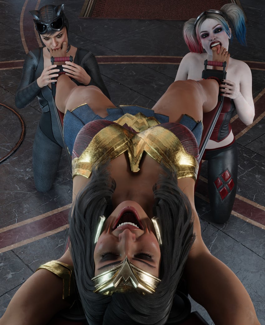 3d 3girls barefoot batman_(series) black_toenails catsuit catwoman catwoman_(injustice) dais1984 dc dc_comics diana_prince feet feet_focus female female_focus female_only foot_fetish harley_quinn harley_quinn_(injustice) injustice_2 laughing licking licking_foot selina_kyle soles sucking_feet sucking_toes ticklish toes wonder_woman wonder_woman_(injustice) wonder_woman_(series) yuri