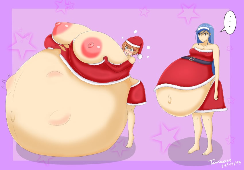 ... 2019 2girls areolae belly_bigger_than_body blue_eyes blue_hair blush bokutachi_wa_benkyou_ga_dekinai breasts_bigger_than_head breasts_bigger_than_torso brown_hair christmas christmas_dress christmas_outfit embarrassed female female_focus fetal_movement furuhashi_fumino_(bokuben) gigantic_belly gigantic_breasts glasses hairband hyper hyper_belly hyper_breasts hyper_pregnancy long_hair mole mole_under_eye nipples ogata_rizu_(bokuben) overflowing_breasts pregnant pregnant_female ready_to_pop round_belly santa_hat short_hair skirt standing timaeus