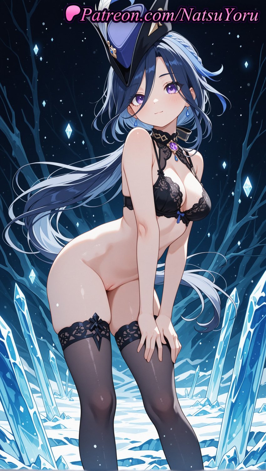 1girls 2025 ai ai_assisted ai_generated anime anime_style bangs bare_arms bare_shoulders black_bra black_legwear black_thighhighs blue_hair blue_headwear blush bottomless bow bra breasts bust busty cleavage cleft_of_venus clorinde_(genshin_impact) closed_mouth dark_blue_hair earrings feet_out_of_frame female female_focus female_only gem genshin_impact hair_between_eyes hat hentai hi_res high_quality high_resolution highres hoyoverse jewelry lace-trimmed_bra lace_trim leaning_forward long_hair looking_at_viewer low_ponytail medium_breasts mihoyo mihoyo_technology_(shanghai)_co._ltd. multicolored_hair natsuyoru no_panties paipan patreon ponytail purple_eyes pussy skindentation smile solo solo_female stable_diffusion standing stockings thighhighs thighs tricorne uncensored underwear vagina very_long_hair voluptuous voluptuous_female wading