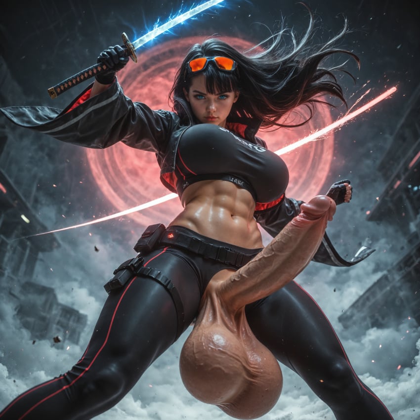 ai_generated cyberpunk futa_only futanari huge_breasts huge_cock katana large_breasts large_penis