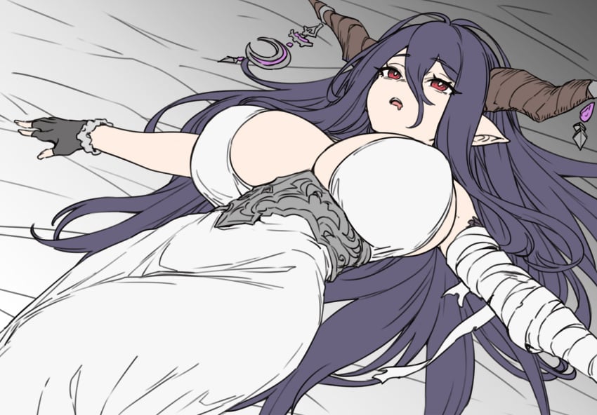 bandaged_arm bandages bare_shoulders black_gloves breasts danua draph dress female fingerless_gloves gloves granblue_fantasy hair_between_eyes horn_ornament horns houtengeki large_breasts long_hair lying on_back open_mouth pointy_ears purple_hair red_eyes sideboob solo white_dress white_dresshoutengeki