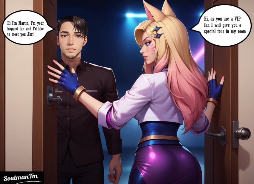 1man ahri ai_generated blonde_hair dialog dialogue english english_dialogue english_text fox_ears fox_girl fox_tail furry k/da_all_out_ahri k/da_all_out_series league_of_legends male soulmantm vastaya