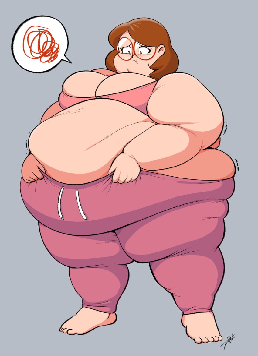 barefoot bbw big_belly brown_hair clothes_too_small fat fat_belly female female female female_only girl glasses jeetdoh large_belly light-skinned_female light_skin original_character red_glasses ssbbw sweatpants