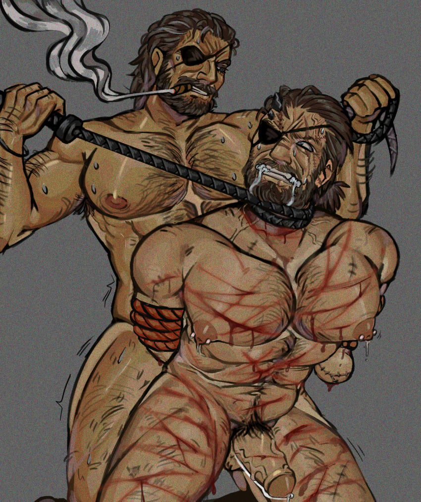 2boys big_boss blood body_hair choking cigar cigar_in_mouth cigar_smoke cuts drool drooling eye_patch foaming_at_the_mouth gay metal_gear metal_gear_solid naked_snake niakku nipple_piercing pierced_nipples rope rope_bondage scar scars sounding tied_hands tied_up venom_snake whip whip_marks