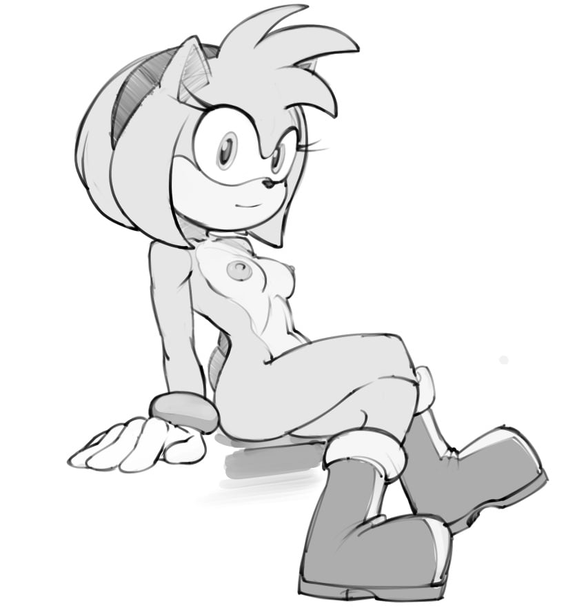 accessory amy_rose anthro athletic boots breasts clothing crossed_legs eulipotyphlan eyelashes female female_anthro footwear frebtto gloves hair_accessory hairband handwear hedgehog hi_res mammal monochrome mostly_nude_anthro mostly_nude_female navel nipples sega shoes simple_background sitting smile solo sonic_(series) sonic_the_hedgehog_(series)