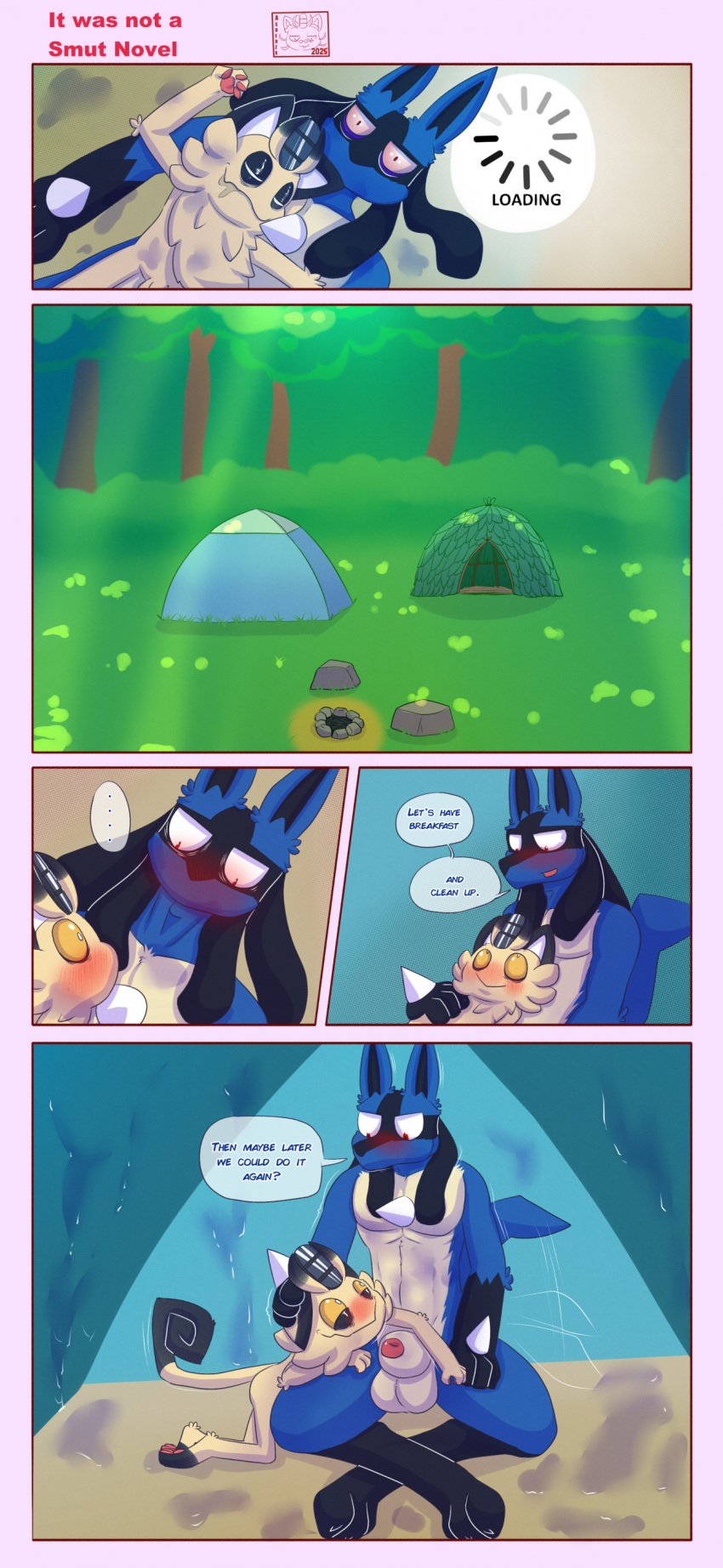 absurd_res after_sex asderzx balls blush bodily_fluids camp comic cum cum_pool cum_stain dialogue duo english_text feral forest galarian_form galarian_meowth gaspar_(asderzx) generation_4_pokemon generation_8_pokemon genital_fluids genitals hi_res lucario male male/male nintendo penis penis_tip plant pokemon pokemon_(species) regional_form_(pokemon) sitting stained sweet_(asderzx) tent text tree