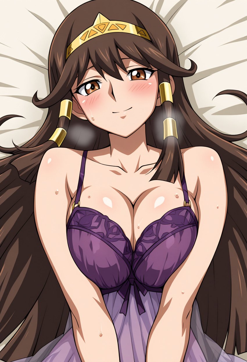 accessory ai_generated babydoll bed blush breasts brown_eyes brown_hair closed_mouth egyptian_female gold_jewelry looking_at_viewer sephiaton955 sera_(yu-gi-oh!) smile tiara yu-gi-oh! yu-gi-oh!_the_dark_side_of_dimensions