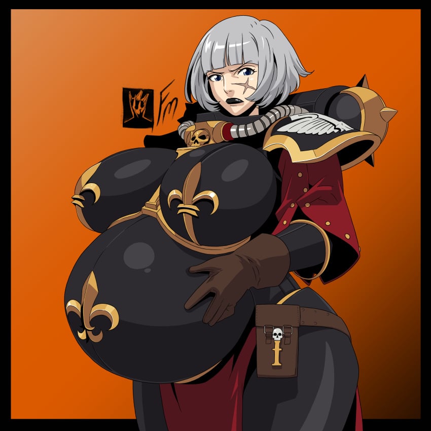 1girls adepta_sororitas angry armor belly big_belly big_breasts black_lipstick blue_eyes bob_cut breasts cowboy_shot female female_only fungus-man gloves hand_on_stomach huge_breasts impossible_clothes light-skinned_female light_skin lips looking_at_viewer mature_female power_armor pregnant ready_to_pop scar scar_on_face self_upload short_hair sister_of_battle soldier solo solo_female standing tagme warhammer_(franchise) warhammer_40k white_hair