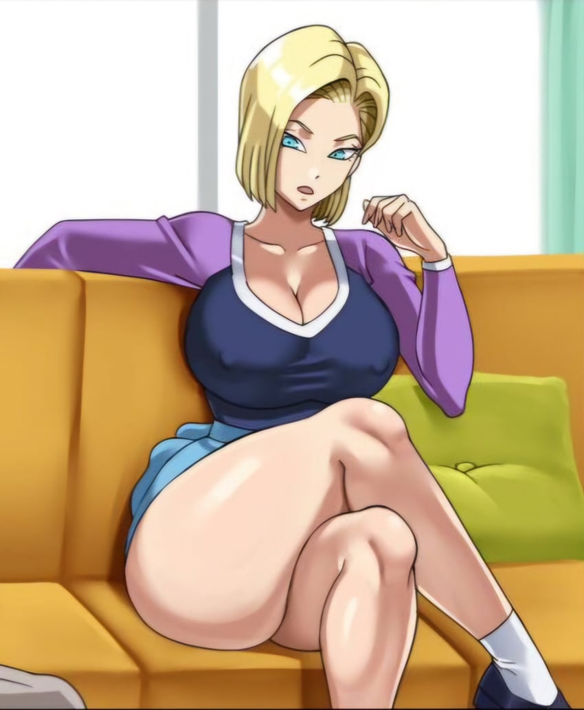 1woman android_18_(pinkpawg) ass ass_focus blonde_hair blue_eyes blue_skirt booty breasts crossed_legs curvy curvy_body curvy_milf curvy_woman female female_focus female_only huge_ass huge_breasts huge_thighs long_sleeves milf miniskirt open_mouth pinkpawg pleated_skirt purple_sleeves raglan_sleeves sexy_clothing sexy_dress sexy_milf sexy_skirt short_hair sitting sitting_on_sofa socks talking thick_thighs voluptuous white woman