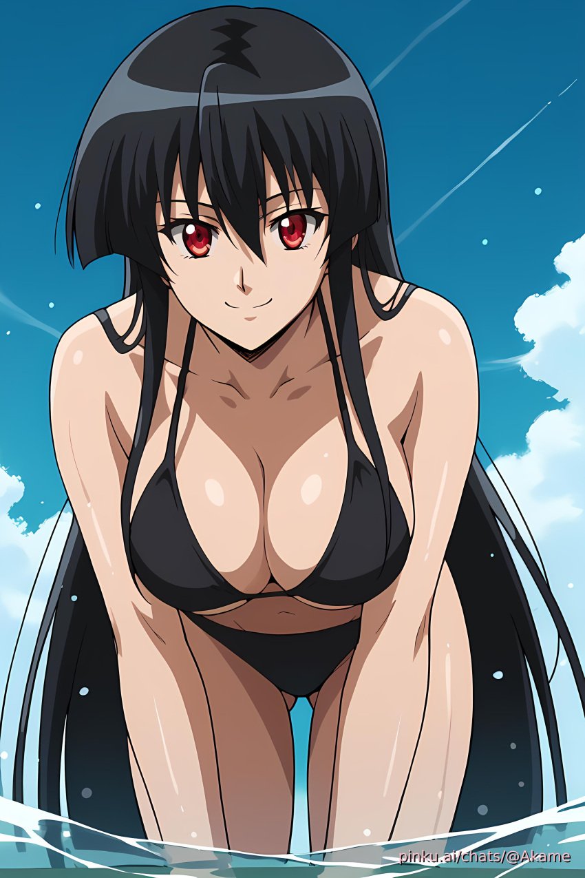 ai_generated aichat akame_(akame_ga_kill!) akame_ga_kill! bikini black_hair breasts_focus candid female girl large_breasts legs_in_water long_hair neach pinku pinku.ai pinkuai red_eyes smile sunlight