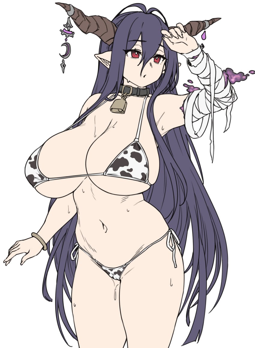 animal_print antenna_hair bandaged_arm bandages bare_shoulders bell bikini black_hair blush breasts cleavage collar collarbone cow_print cow_print_bikini danua draph female granblue_fantasy highres horn_ornament horns houtengeki large_breasts long_hair looking_to_the_side navel pointy_ears print_bikini purple_hair red_eyes solo sweat swimsuit thighs white_background white_bikini white_body white_skin