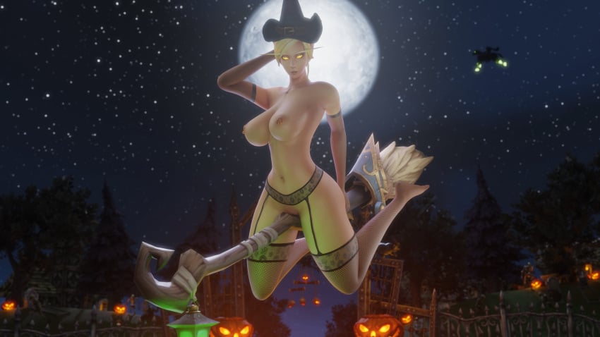 1girls 3d big_breasts blizzard_entertainment blonde_hair blood_elf female female_only halloween light-skinned_female light_skin morilymory nipple_piercing nipple_rings nude original_character pinup sarisia_sunfeast solo stockings thick_thighs voluptuous voluptuous_female warcraft wide_hips witch_hat world_of_warcraft