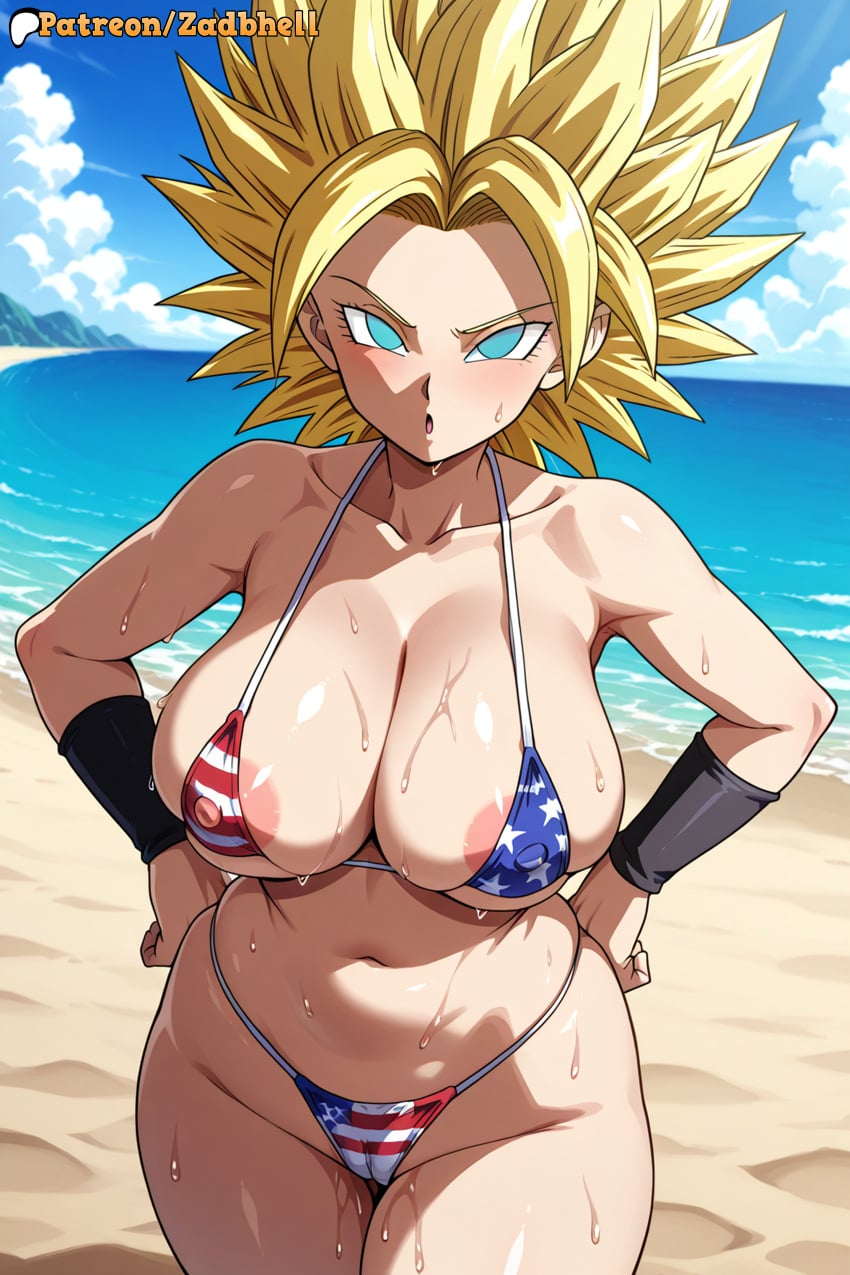 1girl 1girls ahe_gao ai_generated anus anus_focus ass ass_focus bikini breasts cameltoe caulifla curvy curvy_figure dragon_ball dragon_ball_super female female_focus female_only hair huge_breasts light-skinned_female long_hair mature_female open_mouth outdoors seductive seductive_pose short_hair smile steam super_saiyan sweat thick_thighs thighs thong underwear zadbhell
