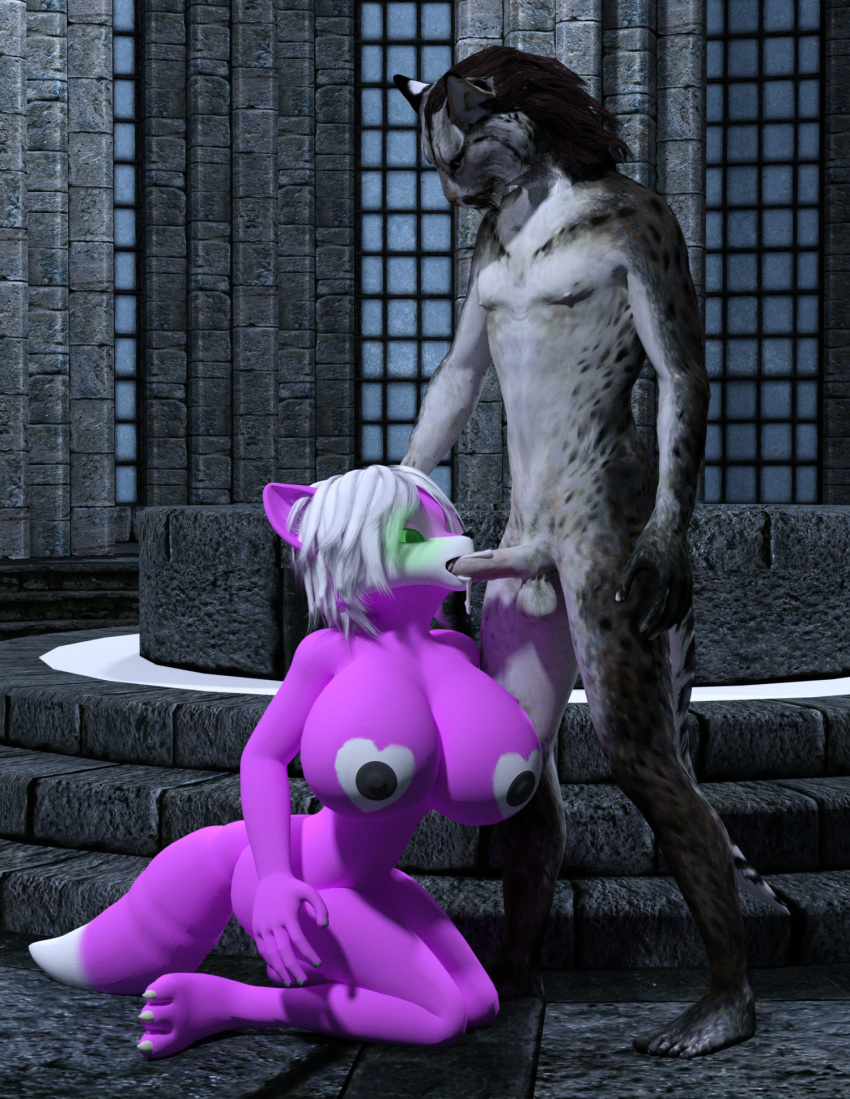 3d angry_cat anthro balls big_breasts black_hair black_nipples breasts canine cock_worship college_of_winterhold cum cum_in_mouth cum_inside duo feline fellatio female glowing glowing_eyes hair heart huge_breasts humanoid_penis j'zargo khajiit kneeling male mammal nipples nude oral penis sex skyrim straight the_elder_scrolls video_games white_hair wolf yuni_hermit