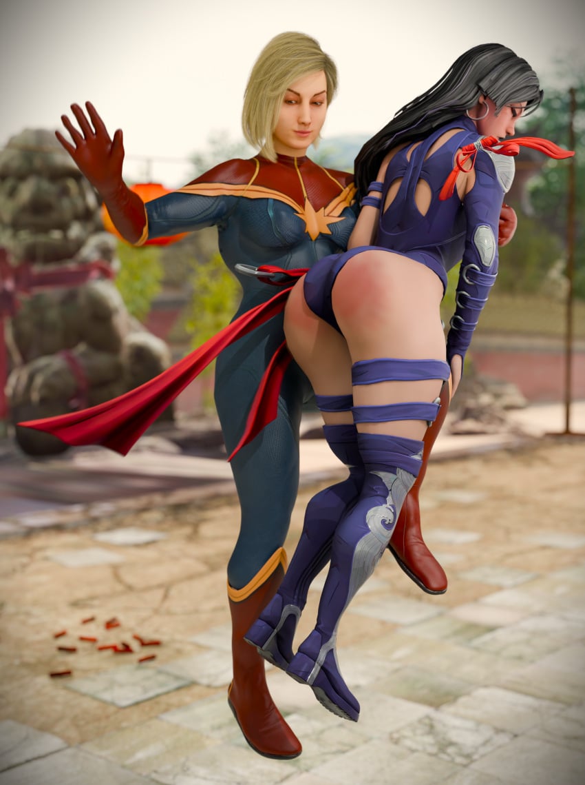 2girls 3d ass bare_ass black_hair blender blonde_hair bodysuit captain_marvel carol_danvers crookedcranny discipline dominant_female female femdom flying leotard marvel_cinematic_universe marvel_comics marvel_rivals naughty psylocke punishment slapping_butt spank_marks spanked_butt spanking submissive video_games yuri