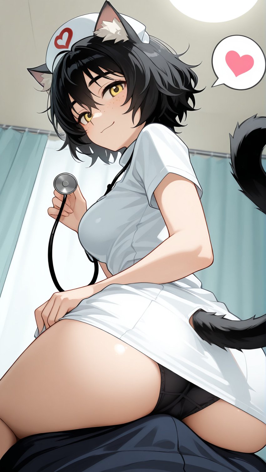 ai_generated animal_ears ass bankonit black_hair cat_ears cat_tail catgirl clothed_female clothes_lift erection_under_clothes freckles grinding looking_at_viewer looking_back low-angle_view medium_breasts nurse nurse_cap nurse_uniform panties pov rear_view short_hair skirt_lift smile spoken_heart stable_diffusion stethoscope white_body white_skin yellow_eyes