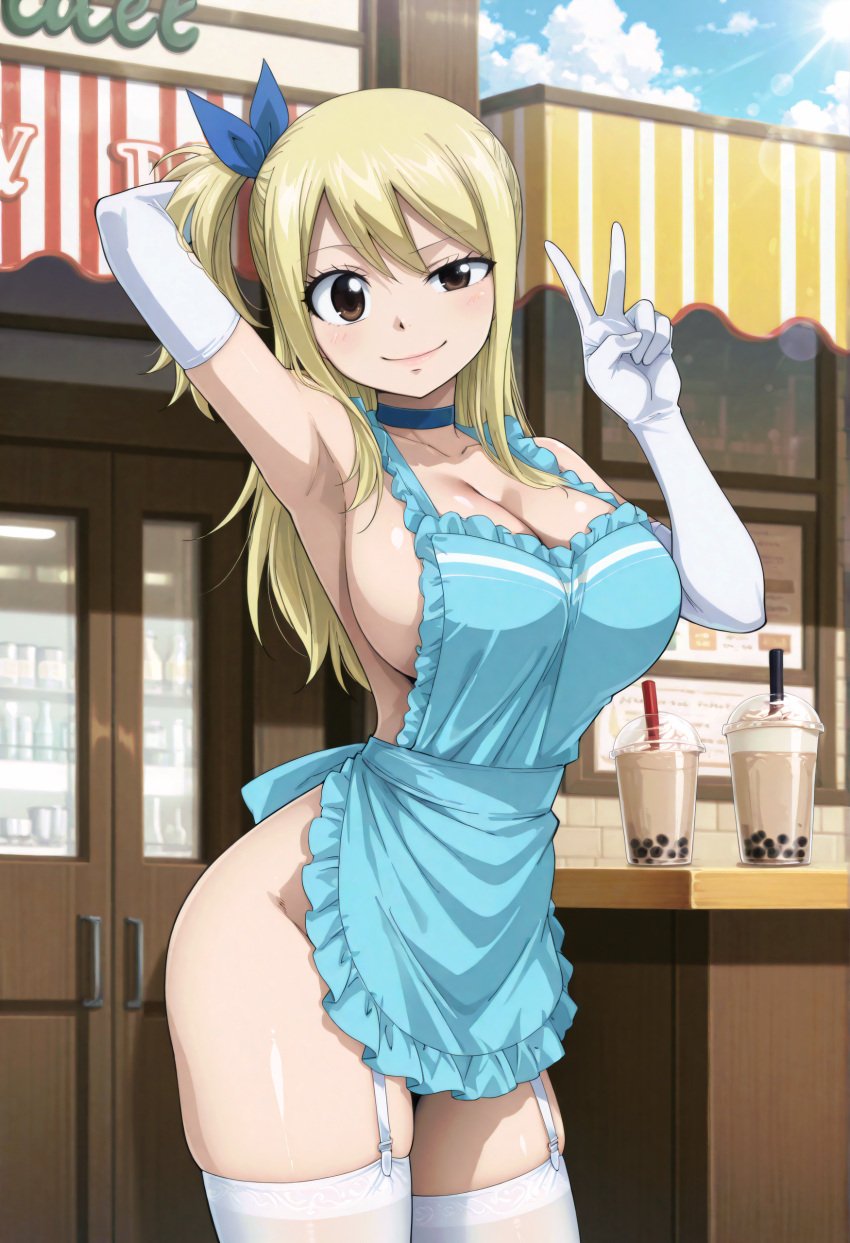 ai_generated apron blonde_hair blush cafe fairy_tail gloves long_hair lucy_heartfilia naked_apron outdoors outside smile