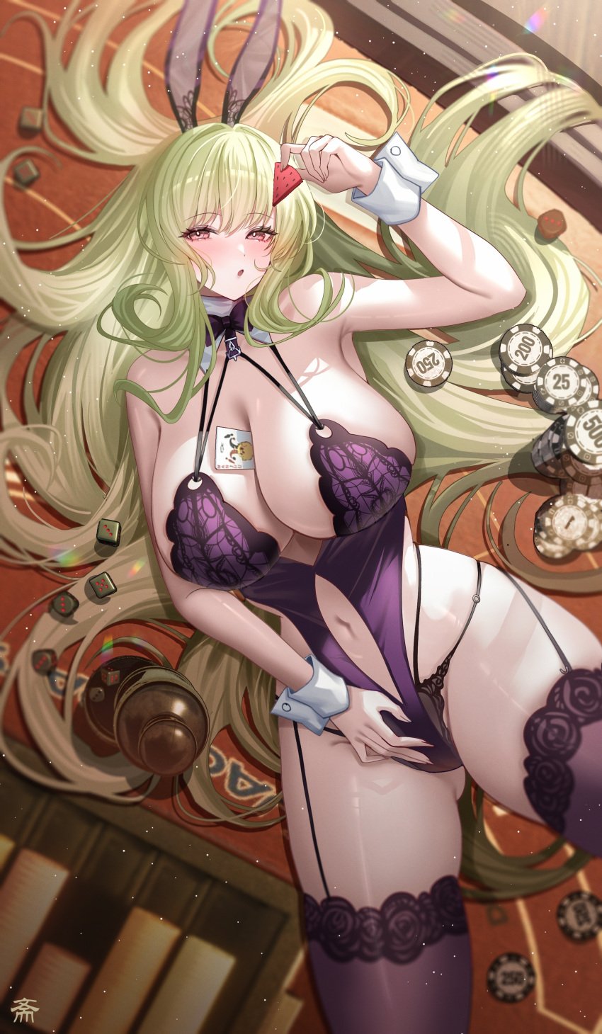 1girls absurdres azur_lane bare_shoulders breasts brown_pantyhose bunnysuit cleavage collarbone dress female flower full_body green_dress green_hair hair_ornament highres large_breasts light-skinned_female light_skin lingerie long_hair looking_at_viewer napoli_(azur_lane) napoli_(dreamy_night)_(azur_lane) pantyhose purple_eyes sardegna_empire_(azur_lane) simple_background solo strapless strapless_dress very_long_hair white_flower