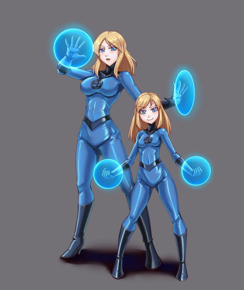 2girls aura blonde_hair blue_eyes bodysuit boots breasts fantastic_four gloves highres large_breasts lips long_hair looking_at_viewer marvel mother_and_daughter multiple_girls shiny_clothes simple_background skin_tight small_breasts sue_storm valeria_richards