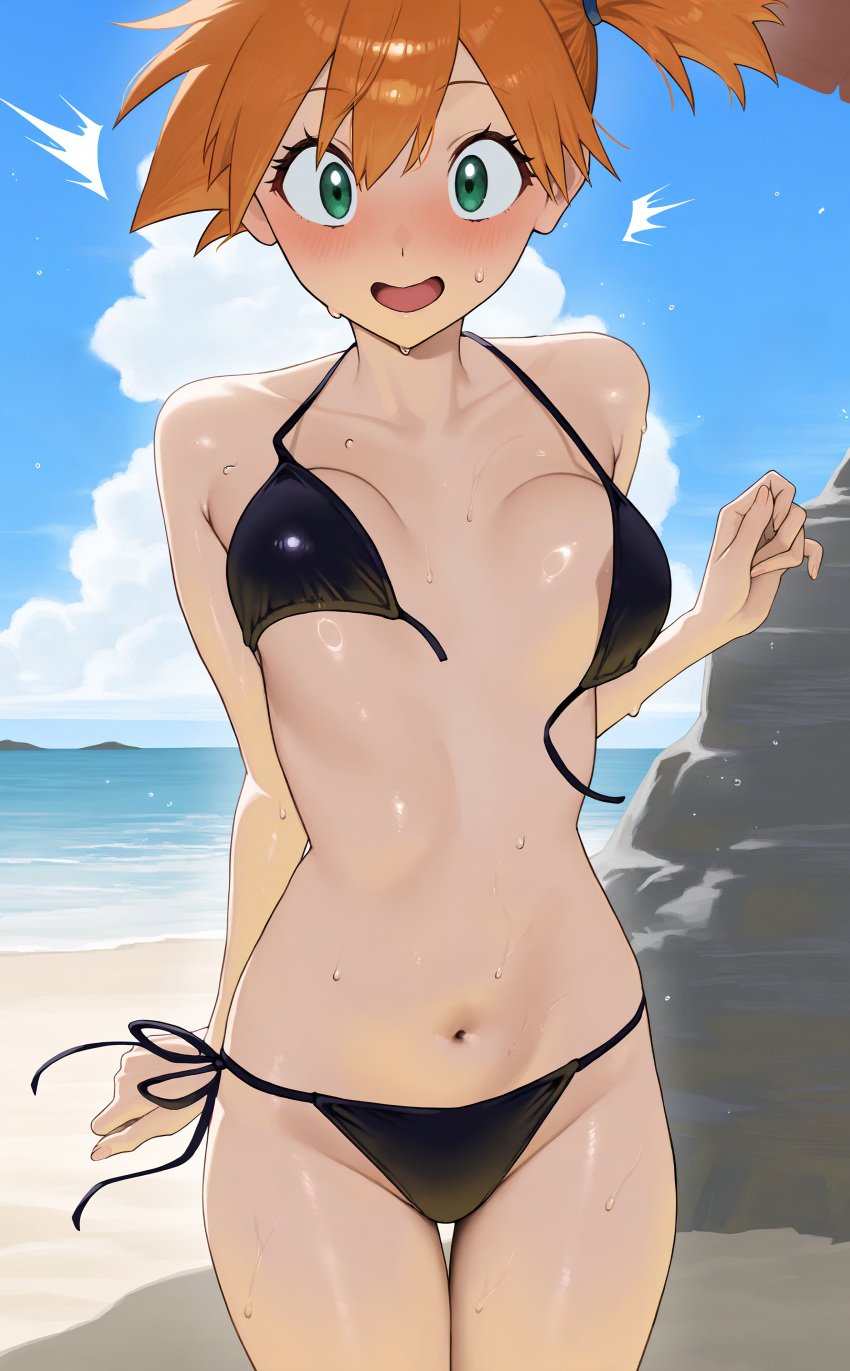 ^^^ ai_generated asymmetrical_hair bangs bare_arms bare_shoulders beach bikini bikini_bottom black_bikini black_swimsuit blue_sky blush breasts clavicle clothing cloud cowboy_shot day eyelashes female female female_only green_eyes hair_between_eyes hair_tie kasumi_(pokemon) kasumi_(pokemon) large_breasts looking_at_viewer medium_breasts navel ocean open_mouth orange_hair outdoors pokemon pokemon_(anime) pokemon_(classic_anime) pokemon_(game) pokemon_character ponytail rock sand shiny shiny_skin shore short_hair side-tie_bikini_bottom side-tie_clothing side-tie_swimsuit side_ponytail sky smile solo standing stomach surprised sweat swimsuit thighs tied_hair untied untied_bikini wardrobe_malfunction water wet