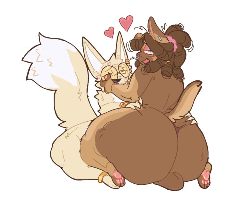 accessory amari_(lopsalien) anthro_on_anthro ass_focus balls big_ass big_butt canine cheeky chubby coffi_(cofficremer) cofficremer domestic_dog dreadlocks fat_ass feline femboy fox heart huge_ass kiss_mark legs_apart looking_at_viewer lopsalien male/male plump sitting_on_person spread_ass wide_hips