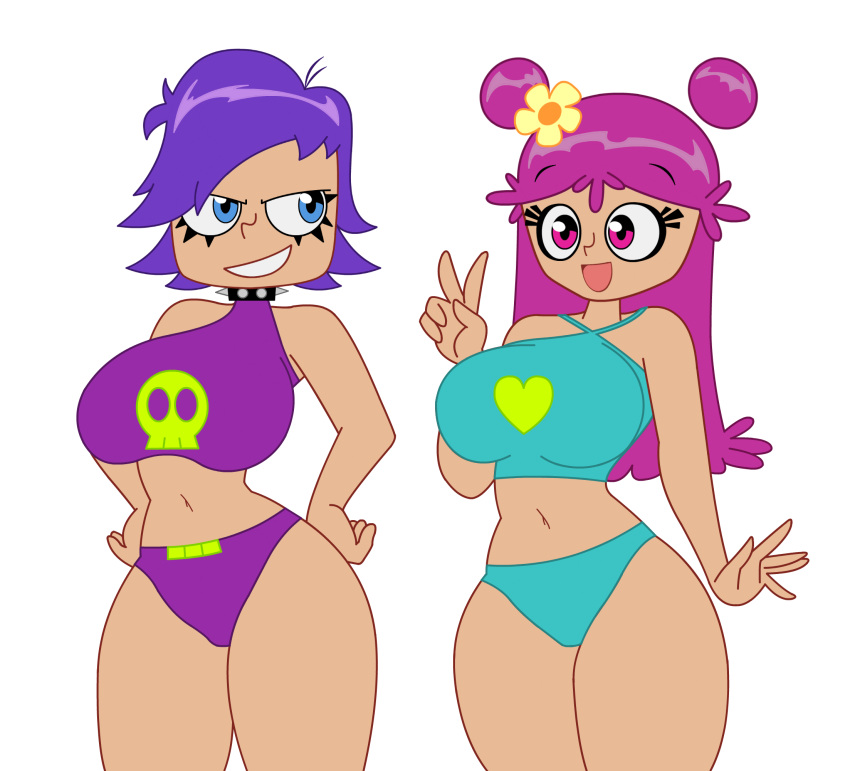 2girls ami_onuki bikini breasts cartoon_network female female_only hand_on_hip hi_hi_puffy_amiyumi standing swimsuit taller yumi_yoshimura