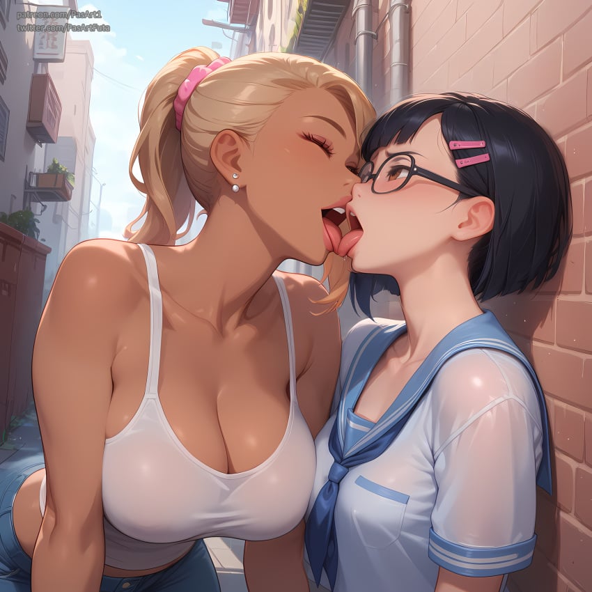 2girls age_difference ai_generated alley french_kiss gyaru kissing nerd older_female_younger_female outdoors pasart school_uniform schoolgirl size_difference tongue tongue_out yuri