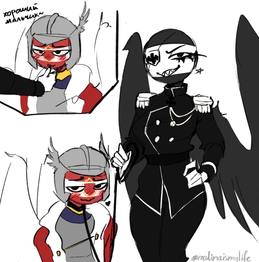 1boy1girl blush countryhumans countryhumans_girl eye_patch helmet leashed_pov licking_finger malinaismylife military_uniform polish_lithuanian_commonwealth_(countryhumans) prussia_(countryhumans) royal_robe wings