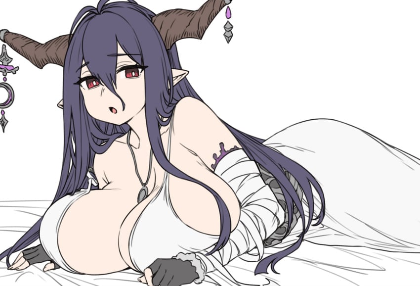 antenna_hair bandaged_arm bandages bare_shoulders black_gloves blush breasts cleavage collarbone danua draph dress female fingerless_gloves gloves granblue_fantasy hair_between_eyes horn_ornament horns houtengeki large_breasts long_hair looking_at_viewer lying on_stomach open_mouth pointy_ears purple_hair red_eyes solo white_dress white_dresshoutengeki