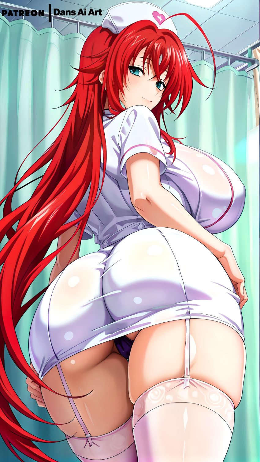 1girls ai_generated ass_focus back_view big_ass big_breasts dans_ai female high_school_dxd hospital huge_breasts large_breasts nurse red_hair rias_gremory seductive_smile voluptuous