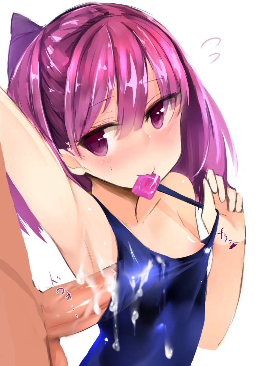 1boy areolae armpits blush condom_wrapper cum cum_on_clothes fate/grand_order fate_(series) female helena_blavatsky_(fate) highres looking_to_the_side mouth_hold muoto one-piece_swimsuit penis penis_under_clothes purple_eyes purple_hair short_hair simple_background smile solo_focus swimsuit white_background