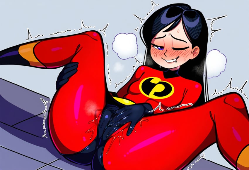 ai_generated bodysuit cameltoe fingering fingering_through_clothes masturbating masturbation skin_tight skinsuit superheroine the_incredibles violet_parr