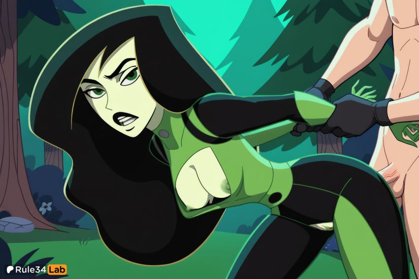 1boy 1boy1girl 1girls ai_generated arm_grab artist_name black_gloves black_hair black_lips bodysuit breasts clothed_female_nude_male colored_nipples colored_skin disney disney_channel gloves green_bodysuit green_eyes green_gloves green_skin hi_res kim_possible long_hair male medium_breasts nature nipples nude outdoors penis pussy rule34lab sex sex_from_behind shego straight teeth torn_clothes tree uncensored