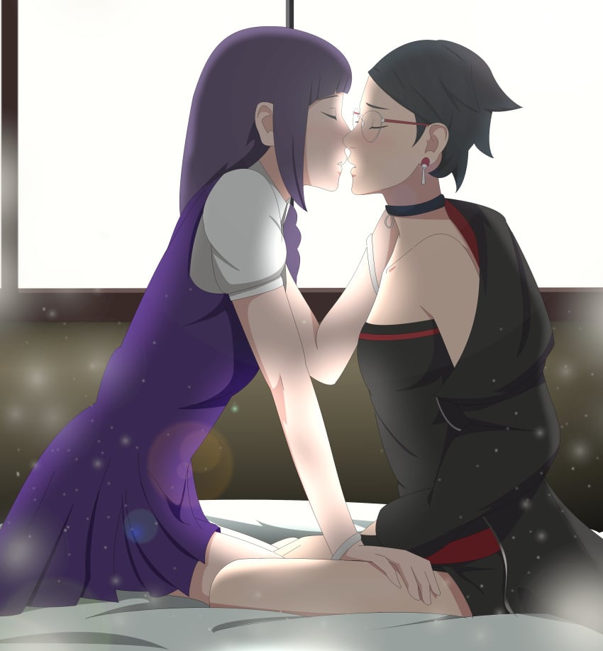 2girls accurate_art_style bedroom before_sex black_hair blush boruto:_naruto_next_generations boruto:_two_blue_vortex braided_twintails breasts cleavage closed_eyes cuddling curtains dress female female/female female_only imminent_kiss indoors kakei_sumire kneeling long_hair lying_on_side multiple_girls naruto naruto_(series) no_bra on_bed optimystic panties post-timeskip purple_hair sarada_uchiha shirt short_hair shorts skirt socks topless very_long_hair window yuri