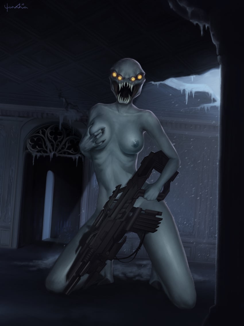 alien chimera female glowing_eyes grabbing_own_breast gun monster multi_eye naked on_knees resistance_fall_of_man ruins snow solo weapon yonkha