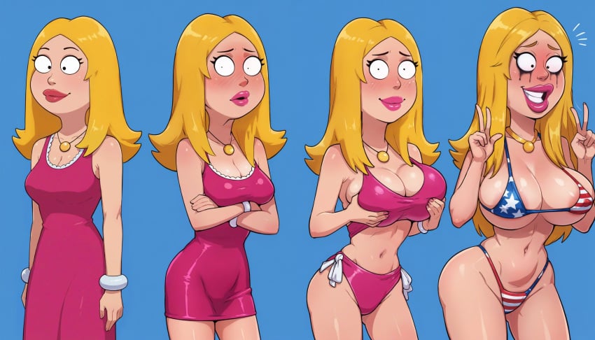 ai_assisted ai_generated american_dad american_flag_bikini bikini bimbo bimbofication blonde_female blonde_hair breast_expansion fdpdablizzard998 francine_smith mascara_tears milf mind_break peace_sign sequence tagme