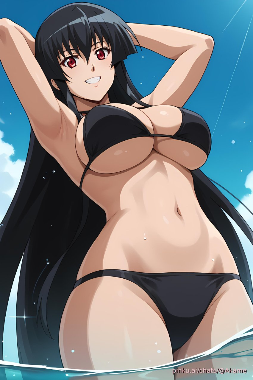 ai_generated aichat akame_(akame_ga_kill!) akame_ga_kill! bikini black_hair candid female girl large_breasts legs_in_water long_hair neach pinku pinku.ai pinkuai red_eyes smile sunlight