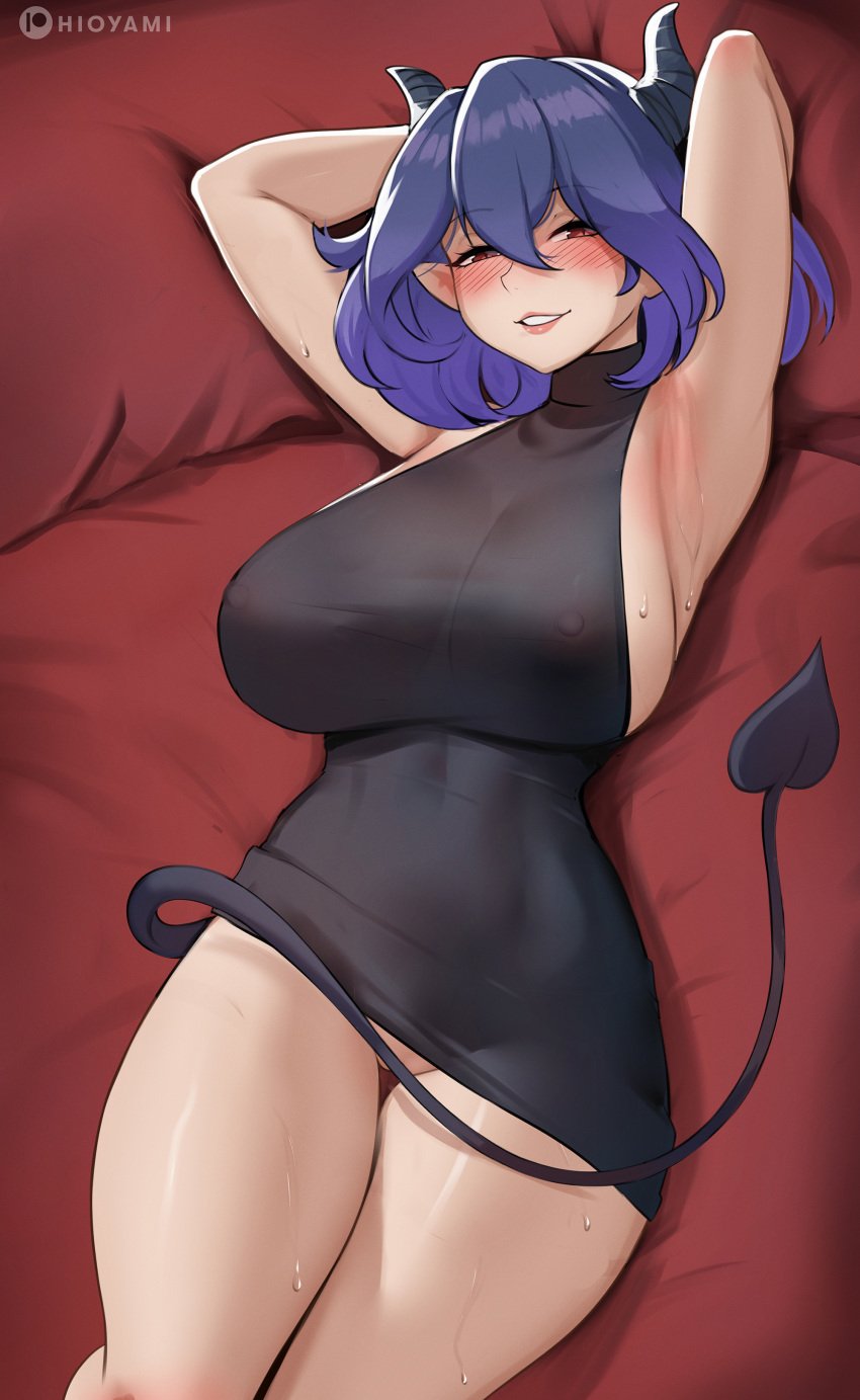 absurdres armpits arms_behind_head artist_name black_dress blue_hair blush bottomless breasts covered_navel covered_nipples demon_girl demon_horns dress eyebrows_hidden_by_hair female groin hair_between_eyes heart heart_tail highres hioyami horns huge_breasts kinsou_no_vermeil lips looking_at_viewer lying on_back on_bed open_mouth patreon_logo pussy red_eyes short_hair skin_tight slit_pupils smile solo sweat tail tail_censor teeth thick_thighs thighs vermeil_(kinsou_no_vermeil)