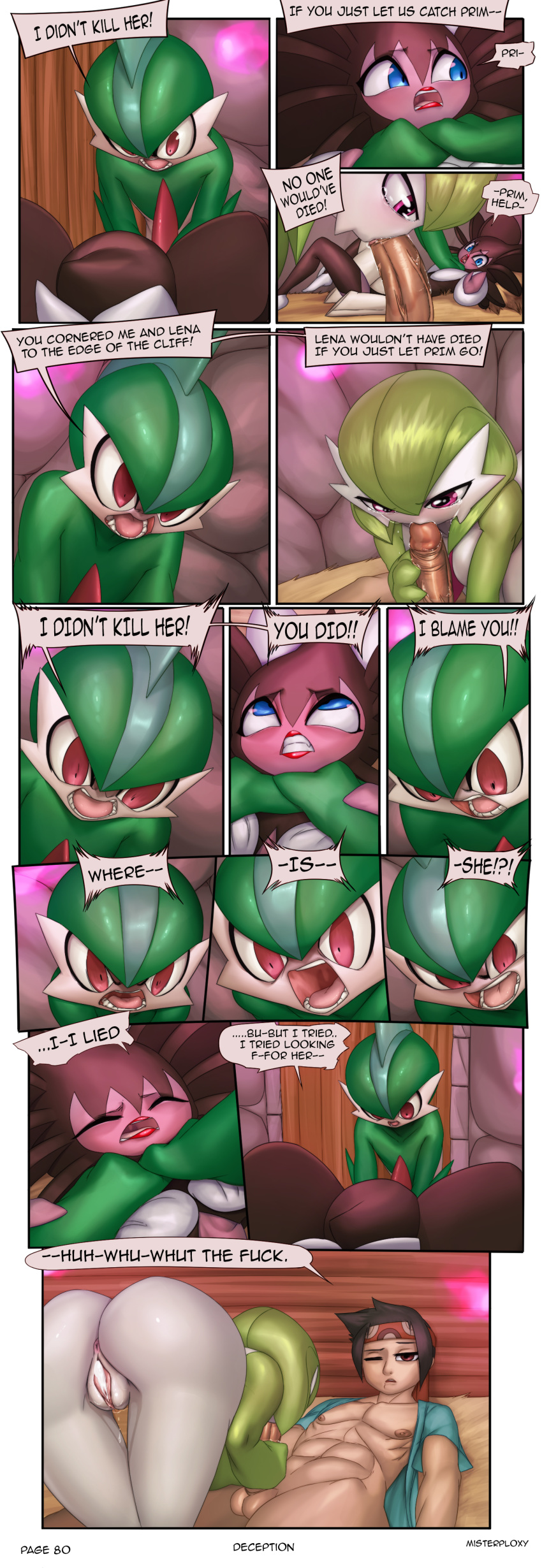 2017 absurdres angry anus asphyxiation ass black_hair blowjob blue_eyes blush comic crying cum cum_in_pussy english_text fellatio female female_gardevoir gallade gardevoir gothitelle hair half-closed_eyes handjob highres human human_on_humanoid humanoid male male_human mammal masterploxy nintendo one_eye_closed open_mouth page_80 pokemon pokemon_(species) pokemon_rse purple_eyes pussy red_eyes sex speech_bubble straight strangling tears teeth testicles text tongue video_games waking_up