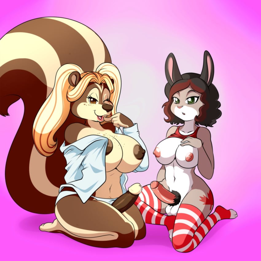 2015 anthro areola balls big_breasts breasts clothing dickgirl duo edera_sivereaux green_eyes intersex lagomorph legwear lonbluewolf mammal mimi_"godiva"_dulcifer nipples one_eye_closed open_mouth panties penis pubes rabbit skunk soulblader stockings underwear yellow_eyes