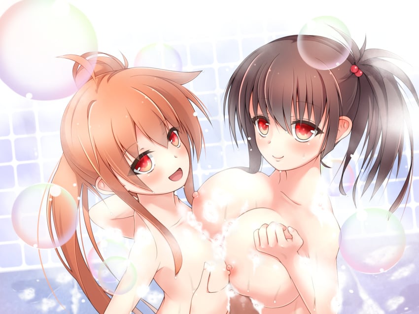 2girls asymmetrical_docking bath black_hair breast_press breasts brown_hair bubble flat_chest flower_knight_girl highres large_breasts long_hair looking_at_viewer manryou_(flower_knight_girl) multiple_girls red_eyes senryou_(flower_knight_girl) siblings smile whether