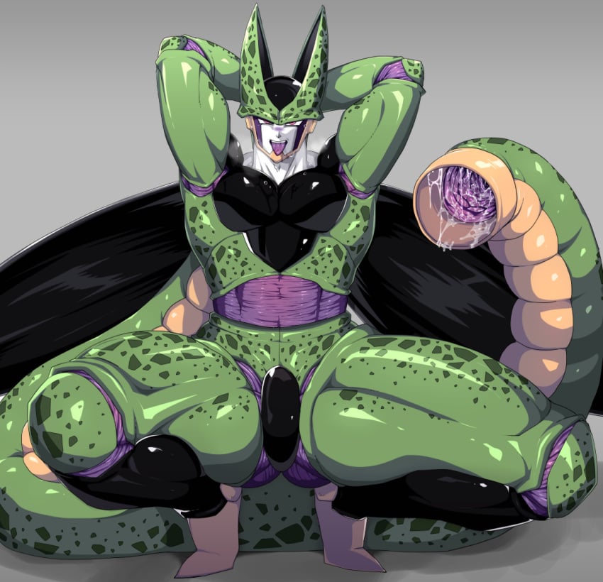 1boy bara blush cell_(dragon_ball) crotch dragon_ball dragon_ball_z full_body looking_at_viewer male male_only muscle naughty_face perfect_cell presenting saliva slime solo steam sweat tail tongue tongue_out udimushi_(artist)