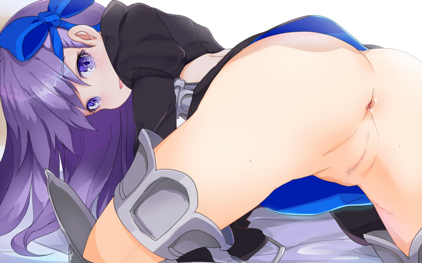 anus armor ass blue_eyes blush fate/extra fate_(series) female hair_ribbon highres long_hair looking_at_viewer meltlilith open_mouth purple_hair pussy pussy_juice ra_i ribbon solo