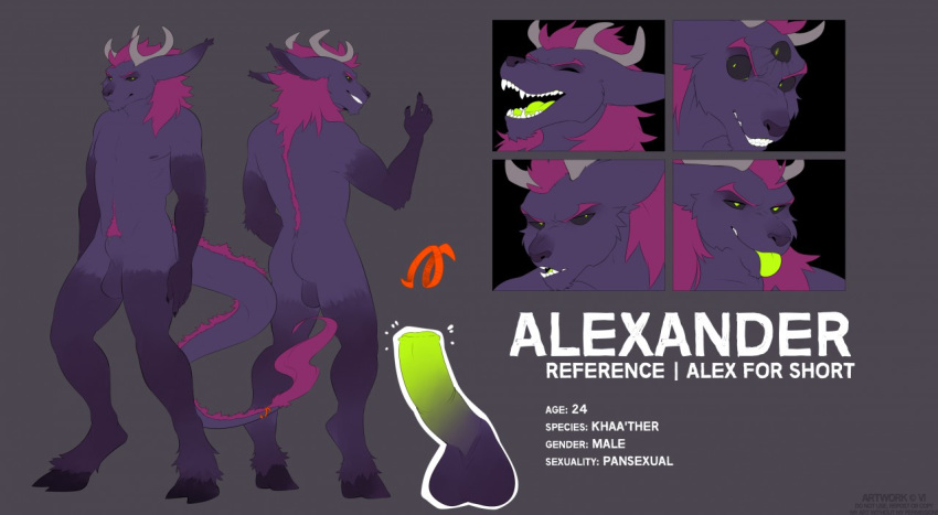 alexander_siegfried_wrong animal_genitalia anthro antlers balls erection hair horn khaa'ther male model_sheet pubes sheath smile solo v-i